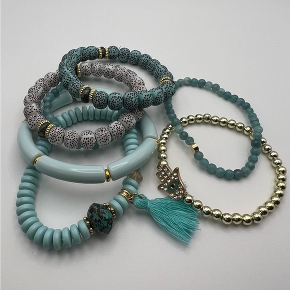 Blue Boho Chic Bead Bracelet Set - Trendy Stylish Stacked Bracelet Set - Picture 12 of 14